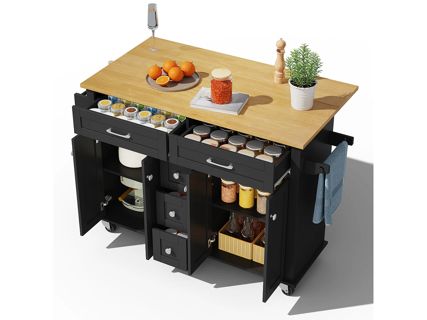 Isola cucina su ruote - 140 x 65 x 89 cm - con piano estensibile + 5 cassetti + 4 ante - nero