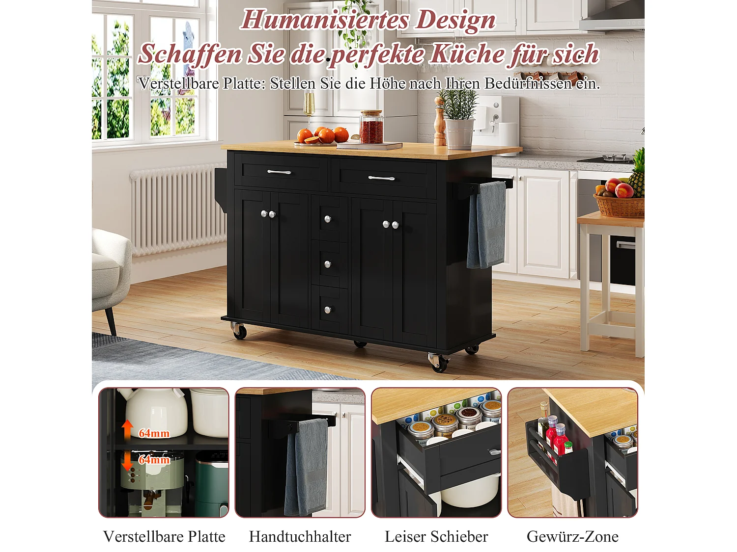 Isola cucina su ruote - 140 x 65 x 89 cm - con piano estensibile + 5 cassetti + 4 ante - nero