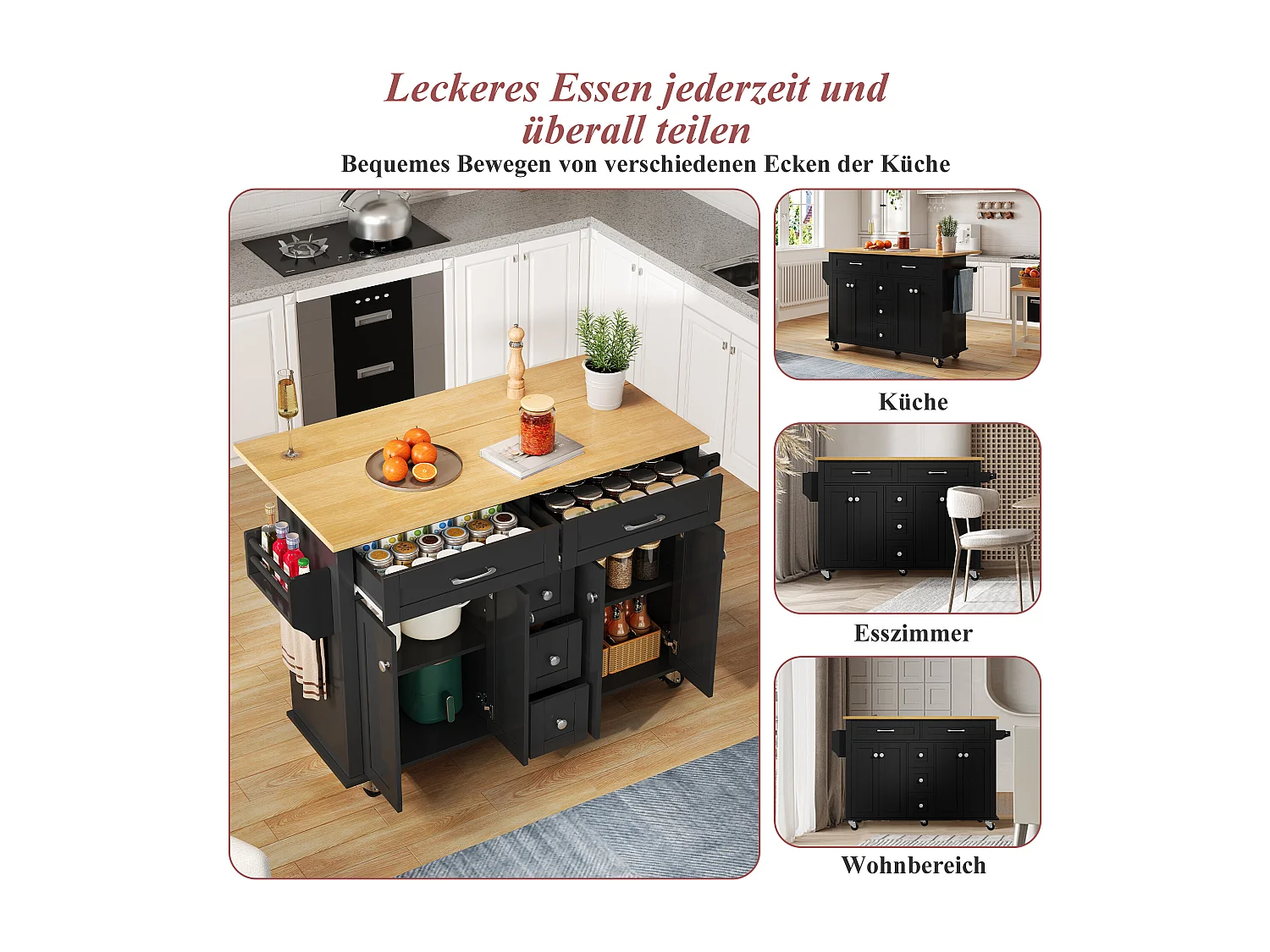 Isola cucina su ruote - 140 x 65 x 89 cm - con piano estensibile + 5 cassetti + 4 ante - nero
