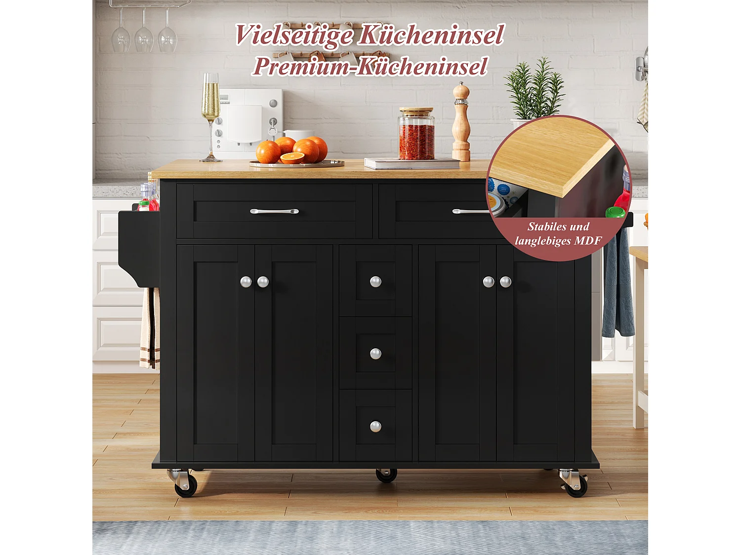 Isola cucina su ruote - 140 x 65 x 89 cm - con piano estensibile + 5 cassetti + 4 ante - nero