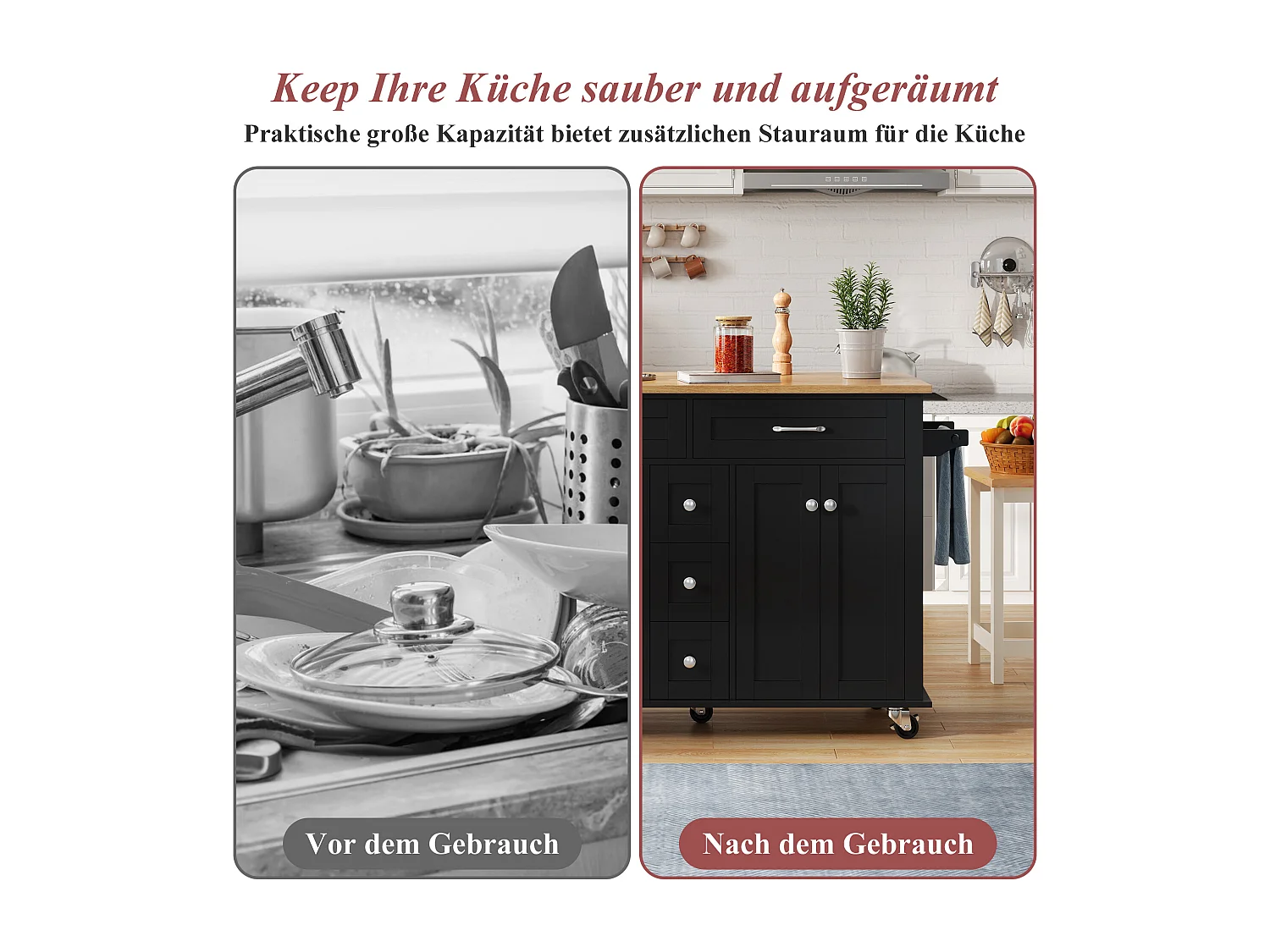 Isola cucina su ruote - 140 x 65 x 89 cm - con piano estensibile + 5 cassetti + 4 ante - nero