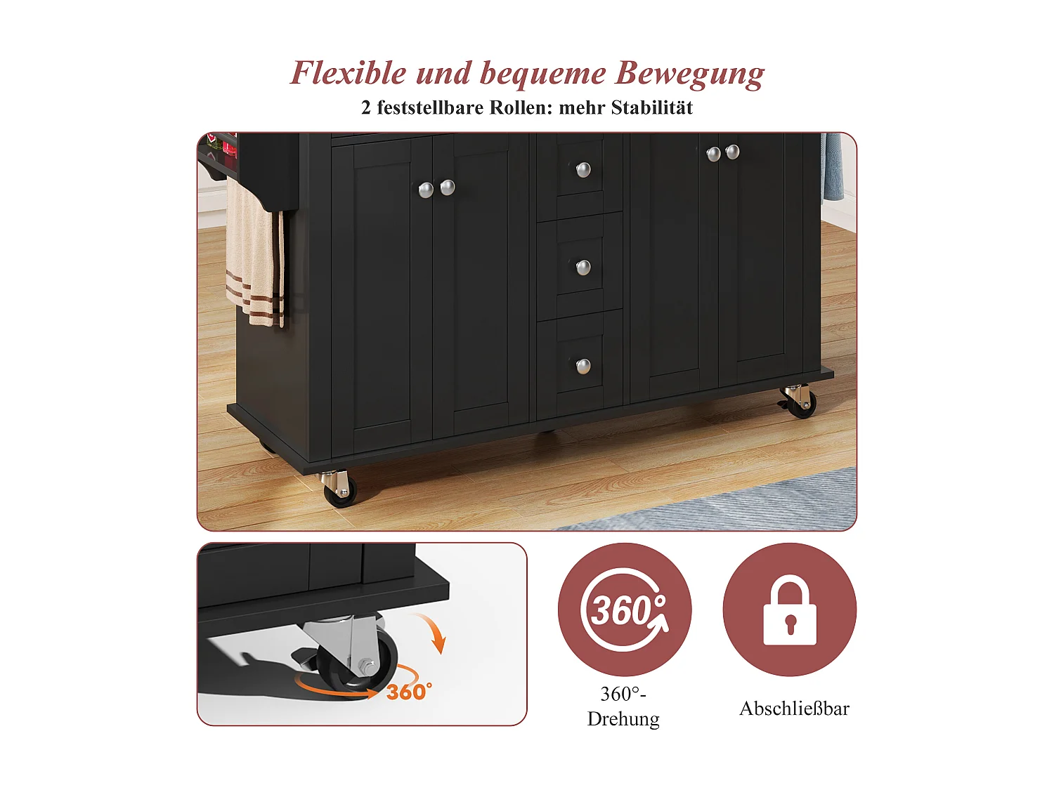 Isola cucina su ruote - 140 x 65 x 89 cm - con piano estensibile + 5 cassetti + 4 ante - nero