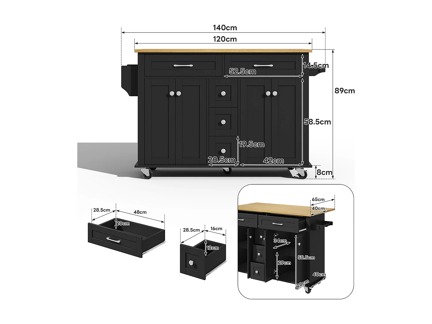 Isola cucina su ruote - 140 x 65 x 89 cm - con piano estensibile + 5 cassetti + 4 ante - nero