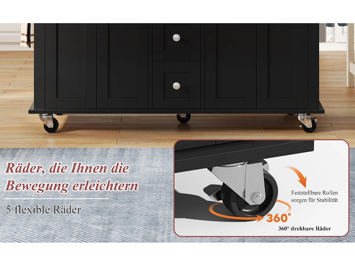 Isola cucina su ruote - 140 x 65 x 89 cm - con piano estensibile + 5 cassetti + 4 ante - nero