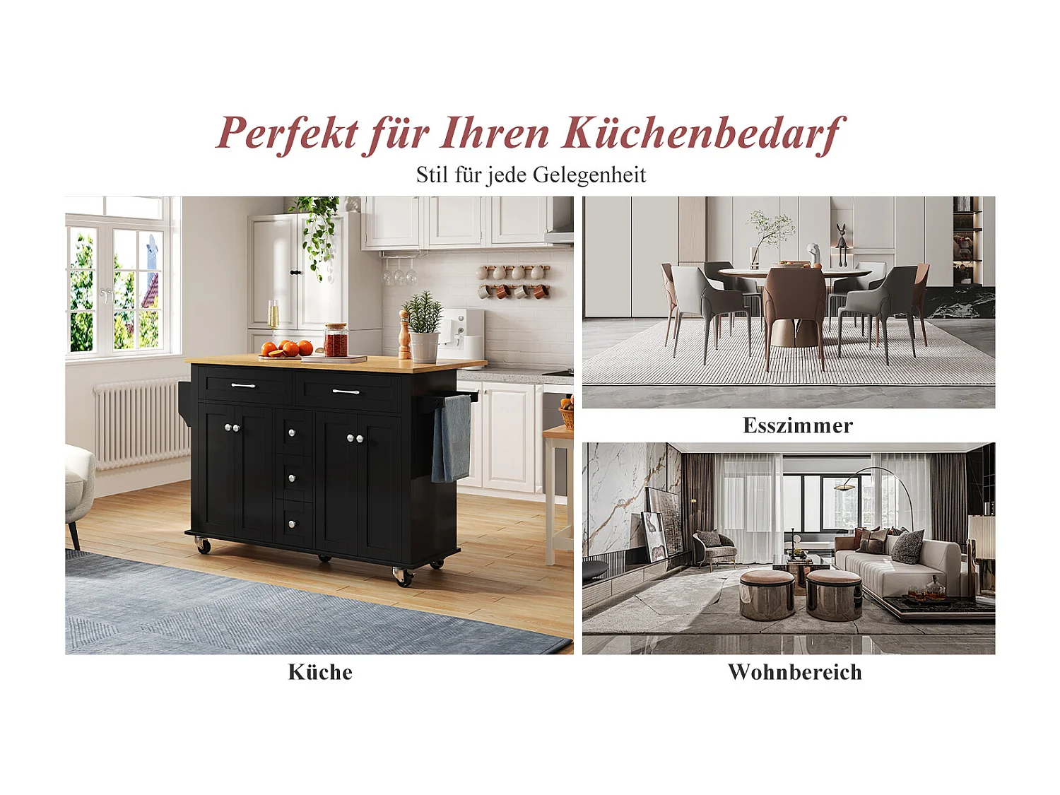 Isola cucina su ruote - 140 x 65 x 89 cm - con piano estensibile + 5 cassetti + 4 ante - nero