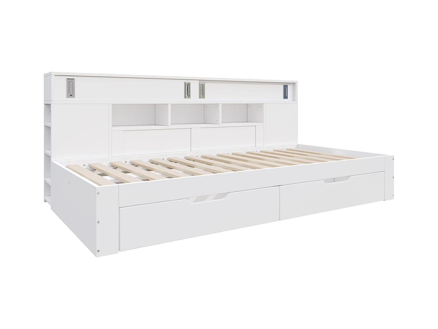 Kinder-Tagesbett - 140 x 200 cm - mit 2 Schubladen + Bücherregal + Aufbewahrungsschrank - MDF - weiß