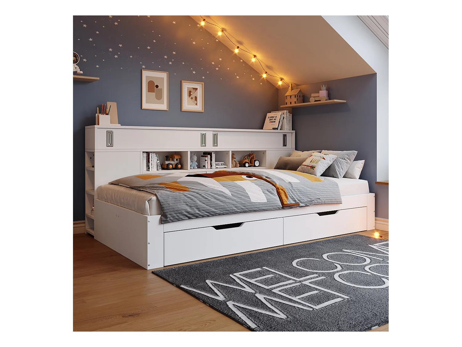 Kinder-Tagesbett - 140 x 200 cm - mit 2 Schubladen + Bücherregal + Aufbewahrungsschrank - MDF - weiß