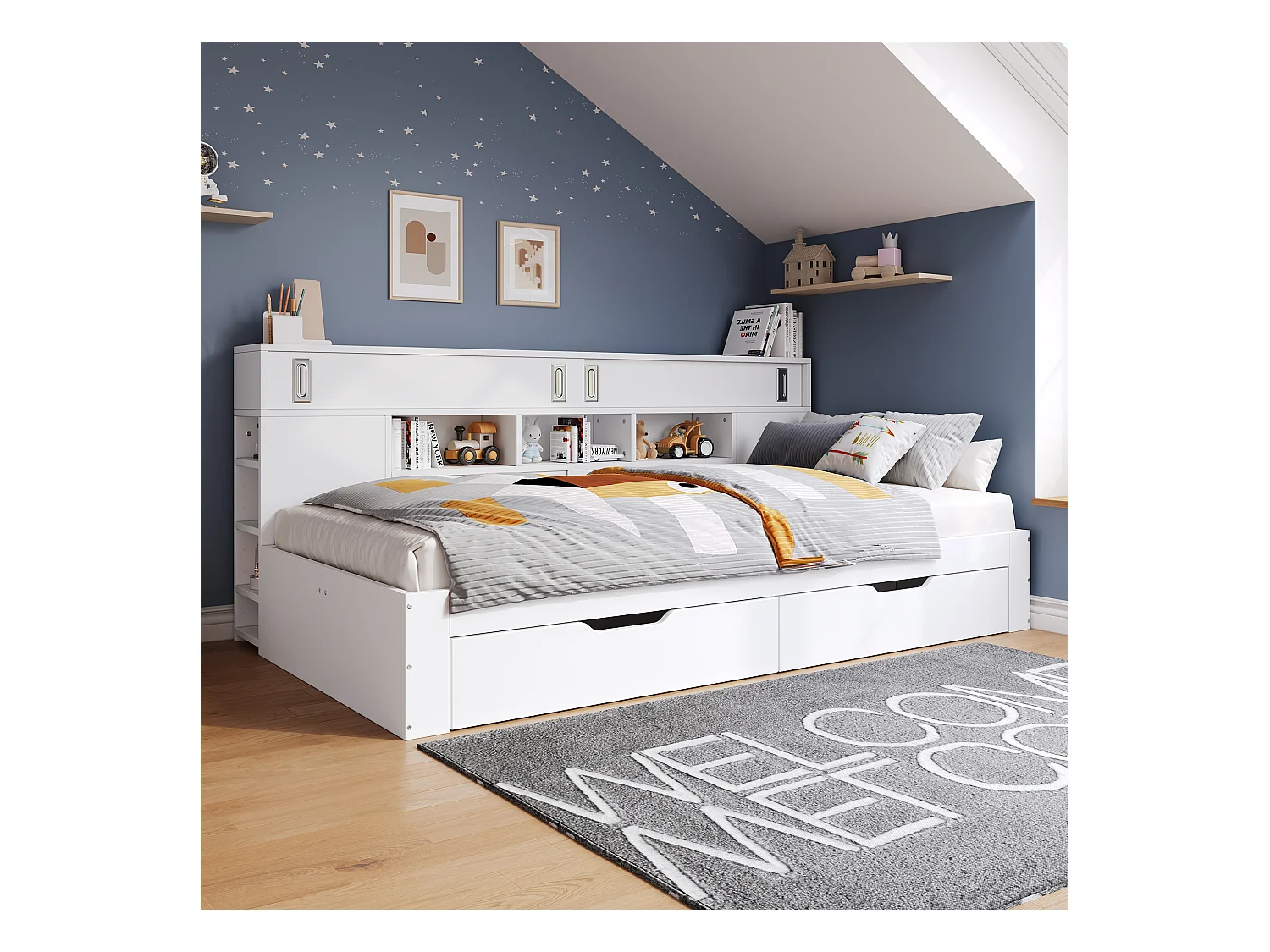 Kinder-Tagesbett - 140 x 200 cm - mit 2 Schubladen + Bücherregal + Aufbewahrungsschrank - MDF - weiß