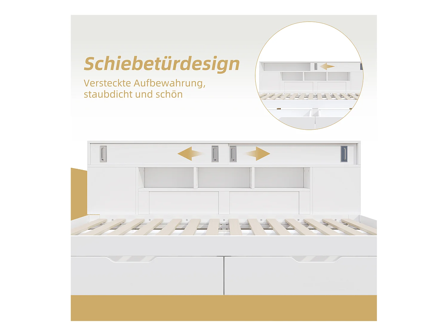 Kinder-Tagesbett - 140 x 200 cm - mit 2 Schubladen + Bücherregal + Aufbewahrungsschrank - MDF - weiß