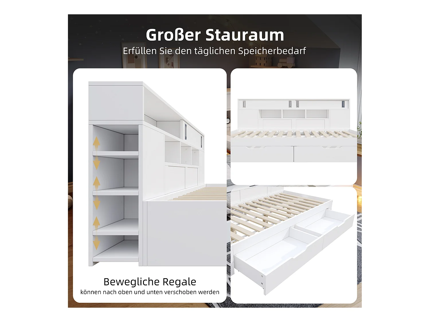 Kinder-Tagesbett - 140 x 200 cm - mit 2 Schubladen + Bücherregal + Aufbewahrungsschrank - MDF - weiß