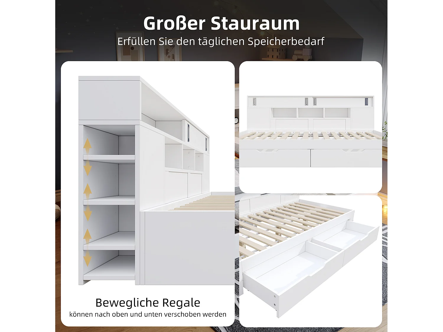 Lit de repos pour enfant - 140 x 200 cm - avec 2 tiroirs + bibliothèque + armoire de rangement - MDF - blanc