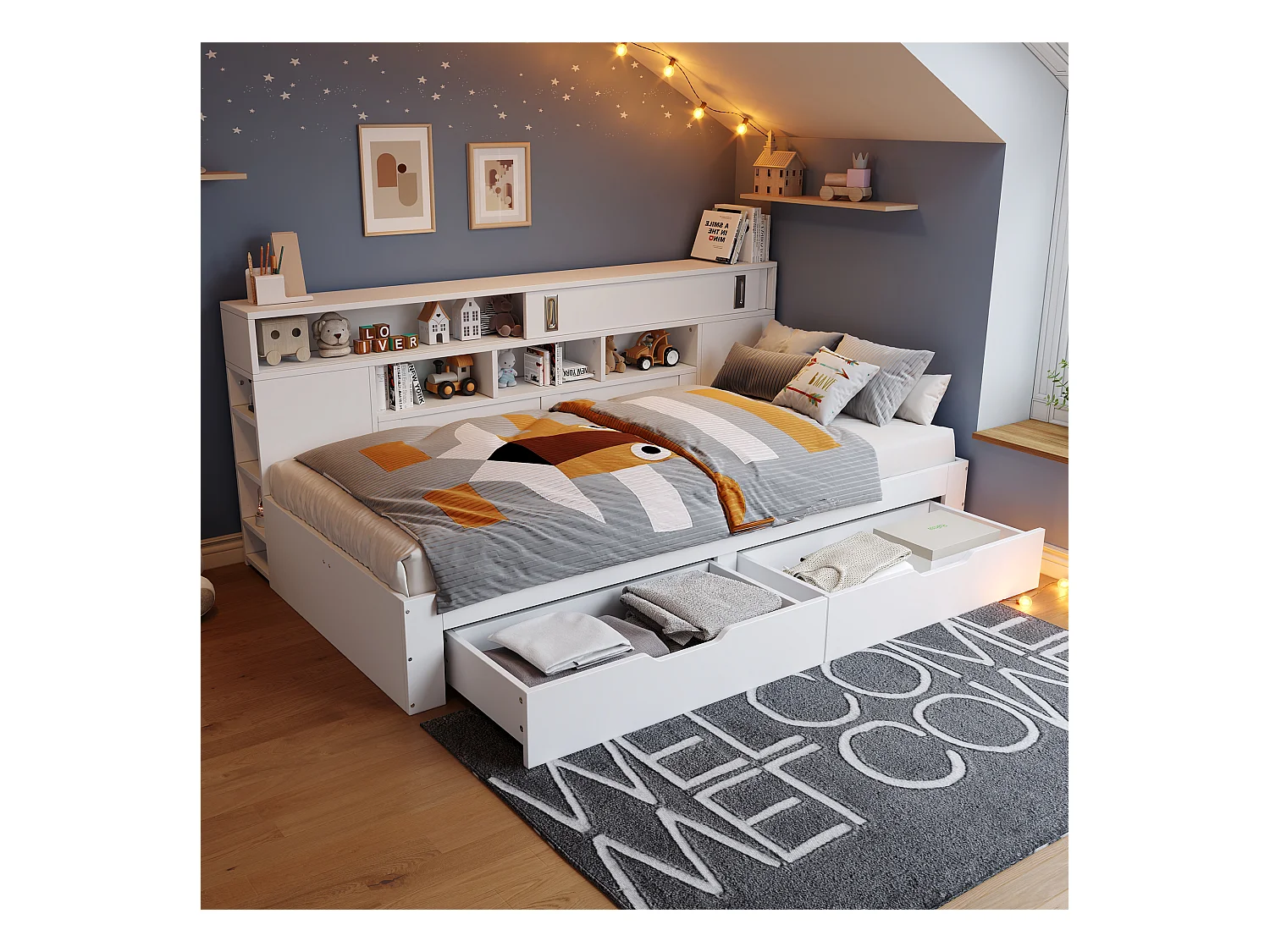 Kinder-Tagesbett - 90 x 200 cm - mit 2 Schubladen + Bücherregal + Aufbewahrungsschrank - MDF - weiß