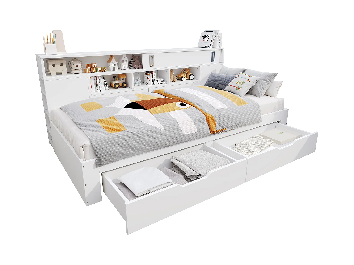 Kinder-Tagesbett - 90 x 200 cm - mit 2 Schubladen + Bücherregal + Aufbewahrungsschrank - MDF - weiß