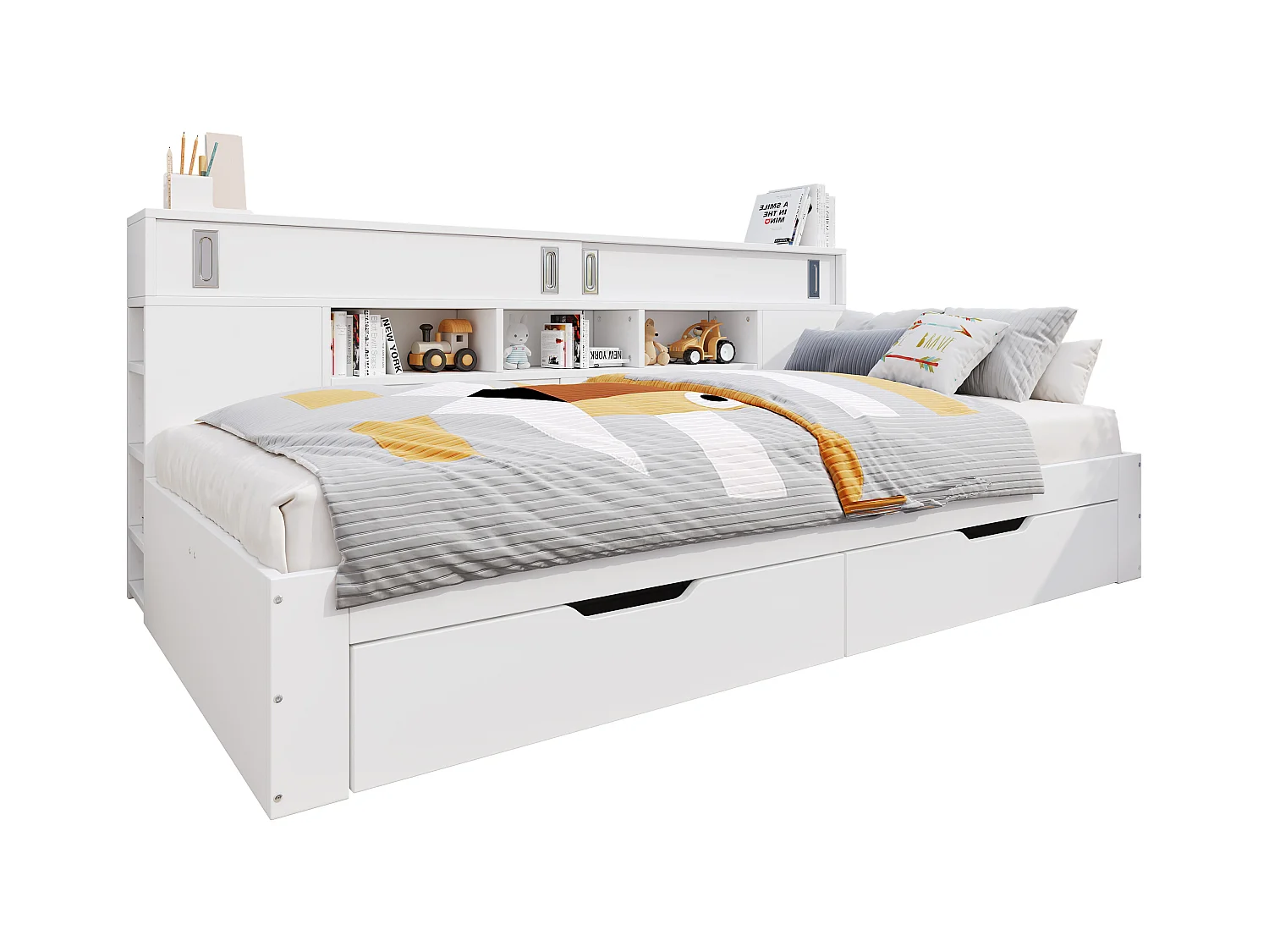 Kinder-Tagesbett - 90 x 200 cm - mit 2 Schubladen + Bücherregal + Aufbewahrungsschrank - MDF - weiß