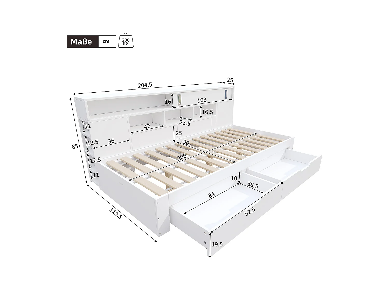 Kinder-Tagesbett - 90 x 200 cm - mit 2 Schubladen + Bücherregal + Aufbewahrungsschrank - MDF - weiß
