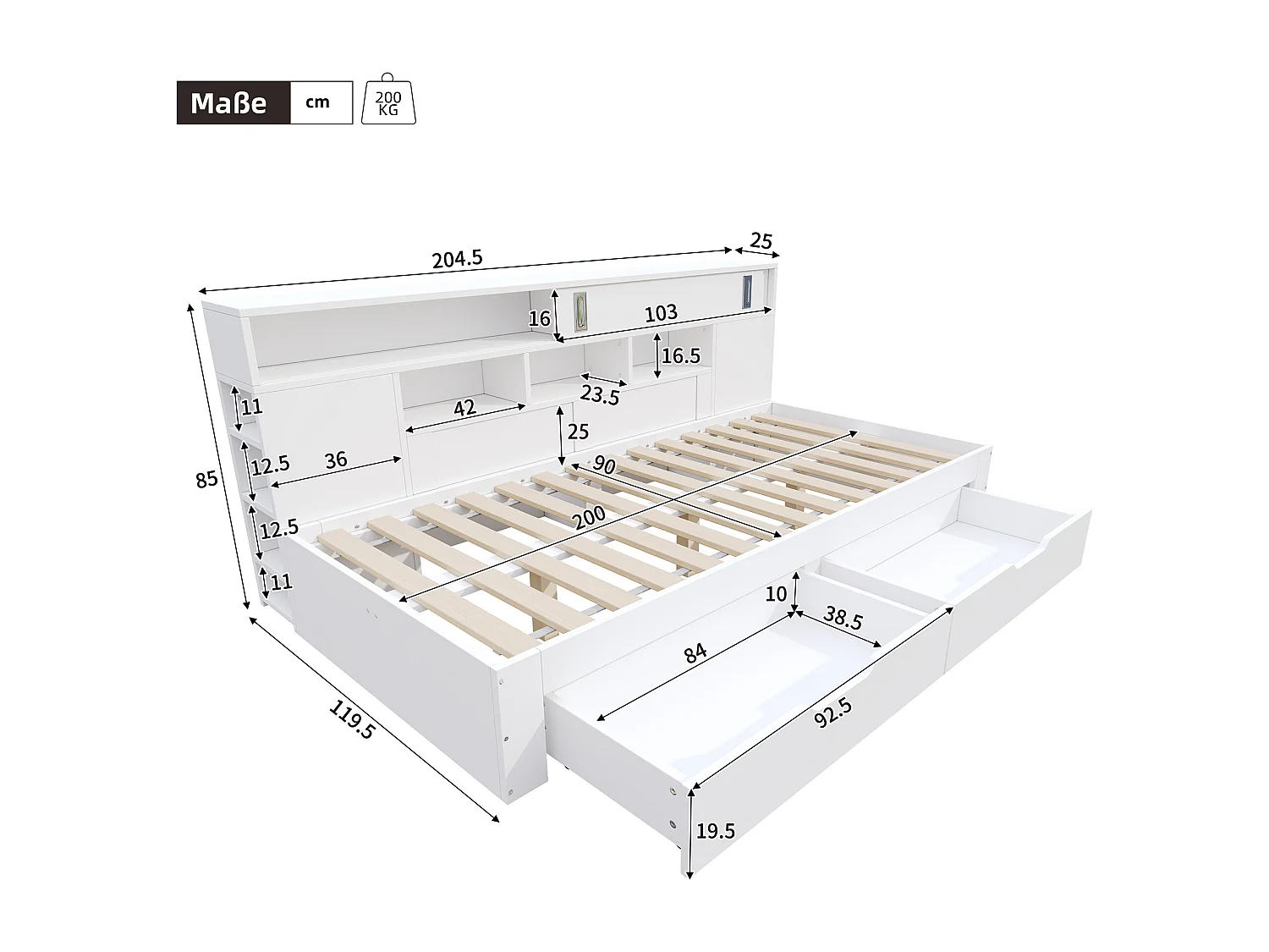 Lit de repos pour enfant - 90 x 200 cm - avec 2 tiroirs + bibliothèque + armoire de rangement - MDF - blanc