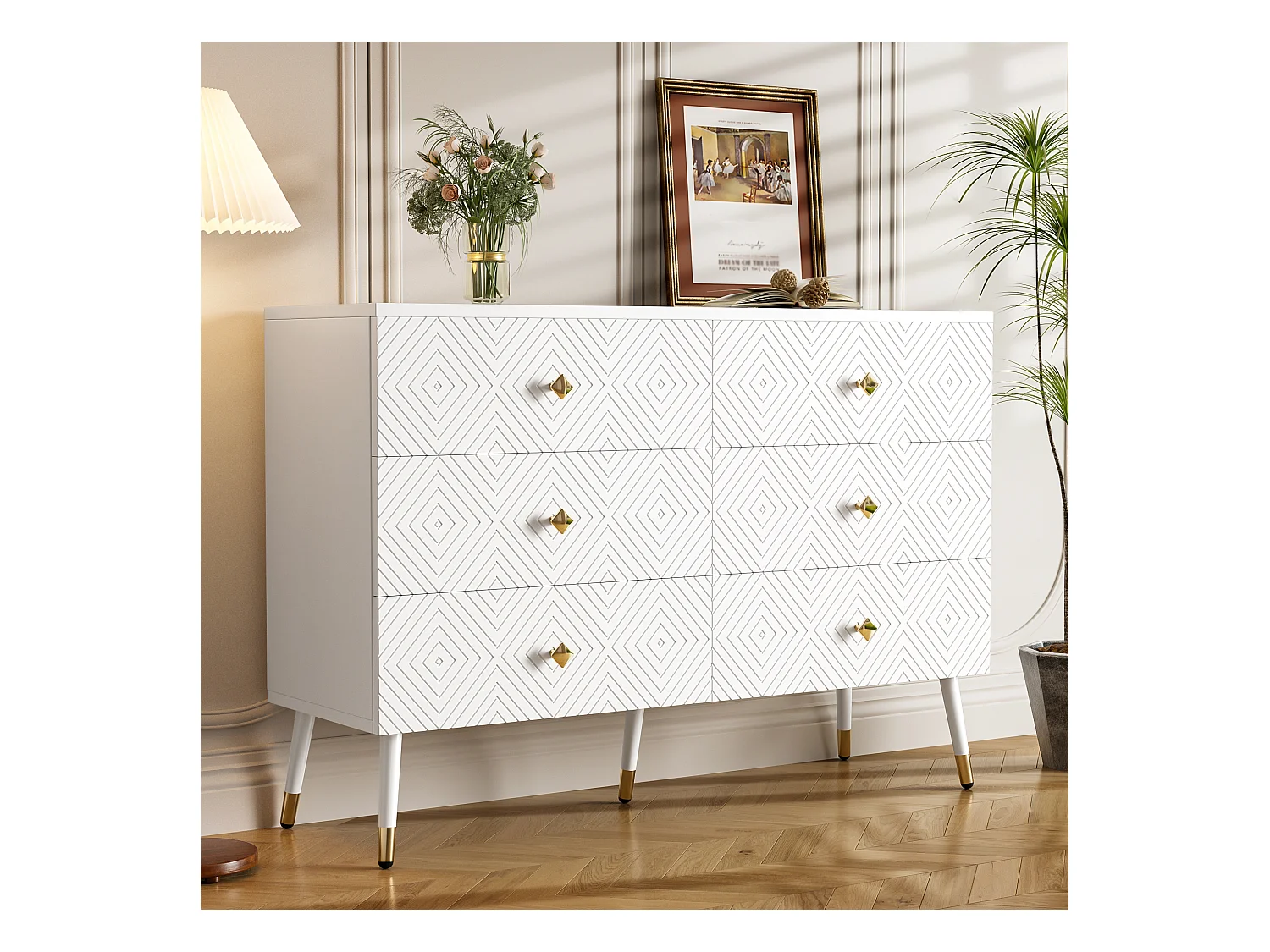 Cómoda moderna de 6 cajones – 120 x 40 x 80 cm – para dormitorio y salón – aglomerado + MDF – blanco