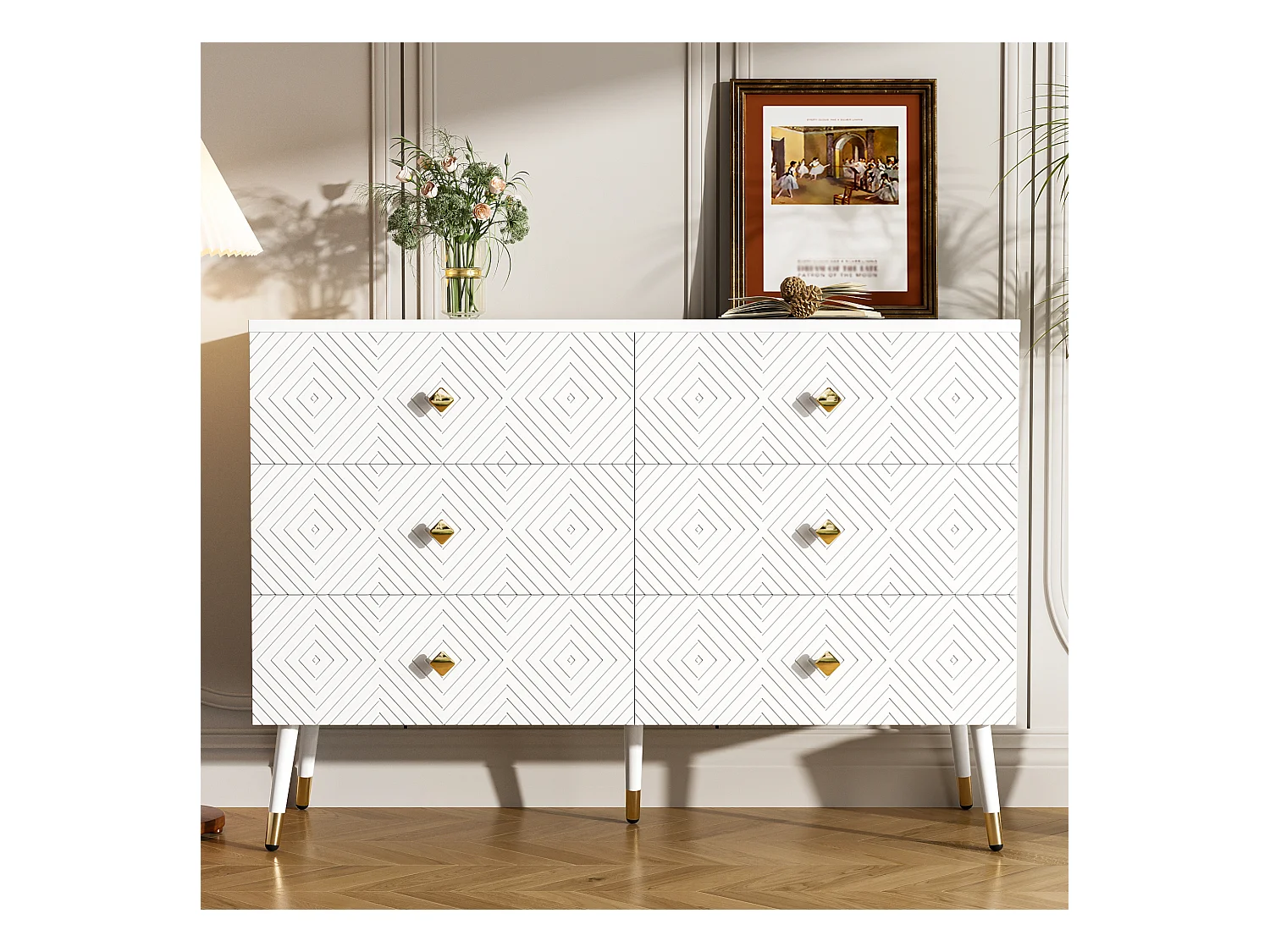 Moderne Kommode mit 6 Schubladen – 120 x 40 x 80 cm – für Schlafzimmer und Wohnzimmer – Spanplatte + MDF – Weiß