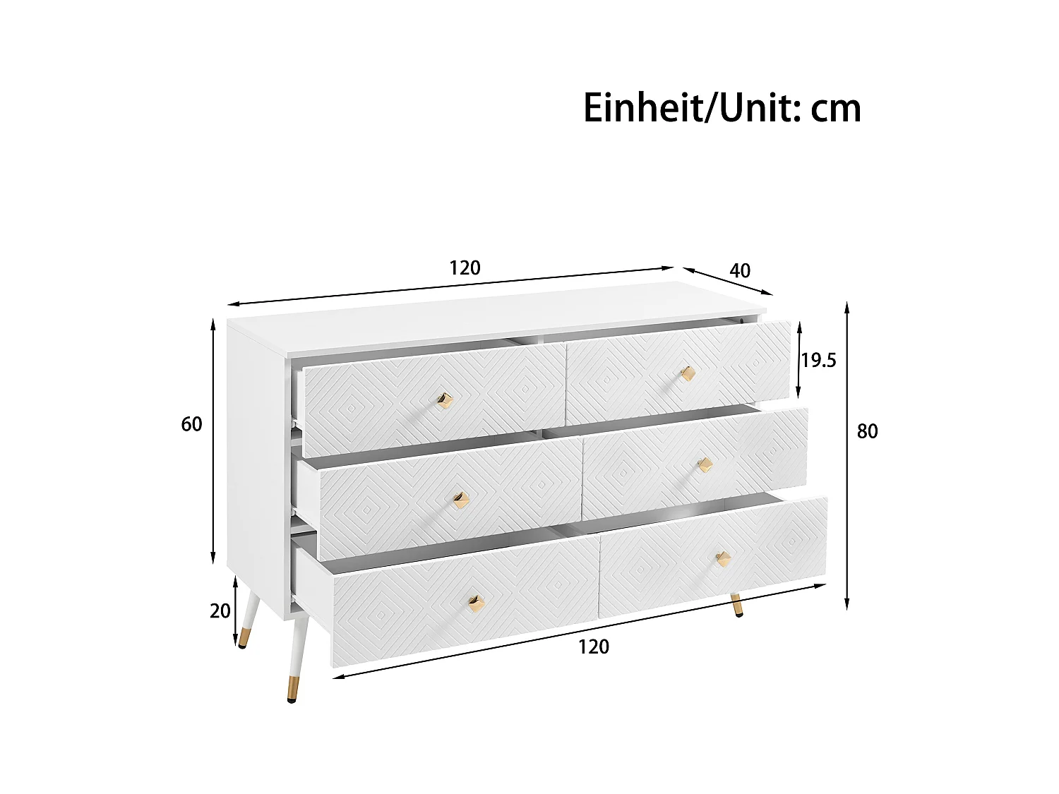 Moderne Kommode mit 6 Schubladen – 120 x 40 x 80 cm – für Schlafzimmer und Wohnzimmer – Spanplatte + MDF – Weiß