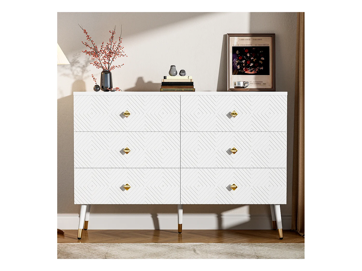 Moderne Kommode mit 6 Schubladen – 120 x 40 x 80 cm – für Schlafzimmer und Wohnzimmer – Spanplatte + MDF – Weiß