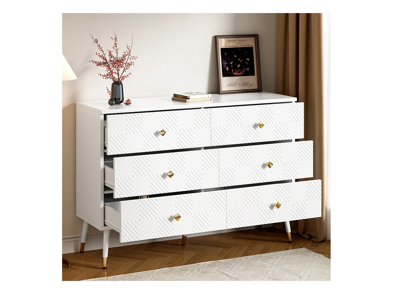 Moderne Kommode mit 6 Schubladen – 120 x 40 x 80 cm – für Schlafzimmer und Wohnzimmer – Spanplatte + MDF – Weiß