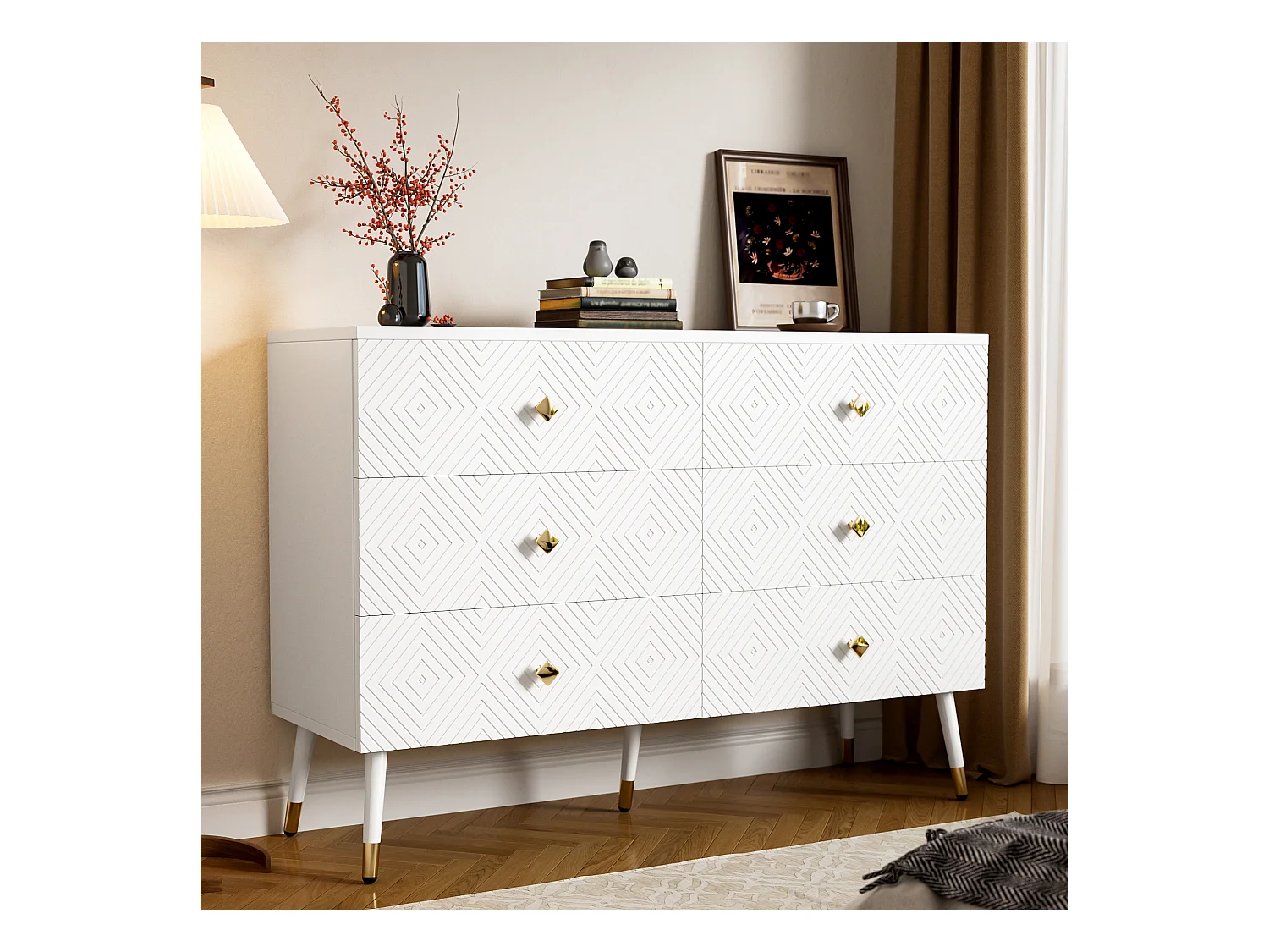 Moderne Kommode mit 6 Schubladen – 120 x 40 x 80 cm – für Schlafzimmer und Wohnzimmer – Spanplatte + MDF – Weiß