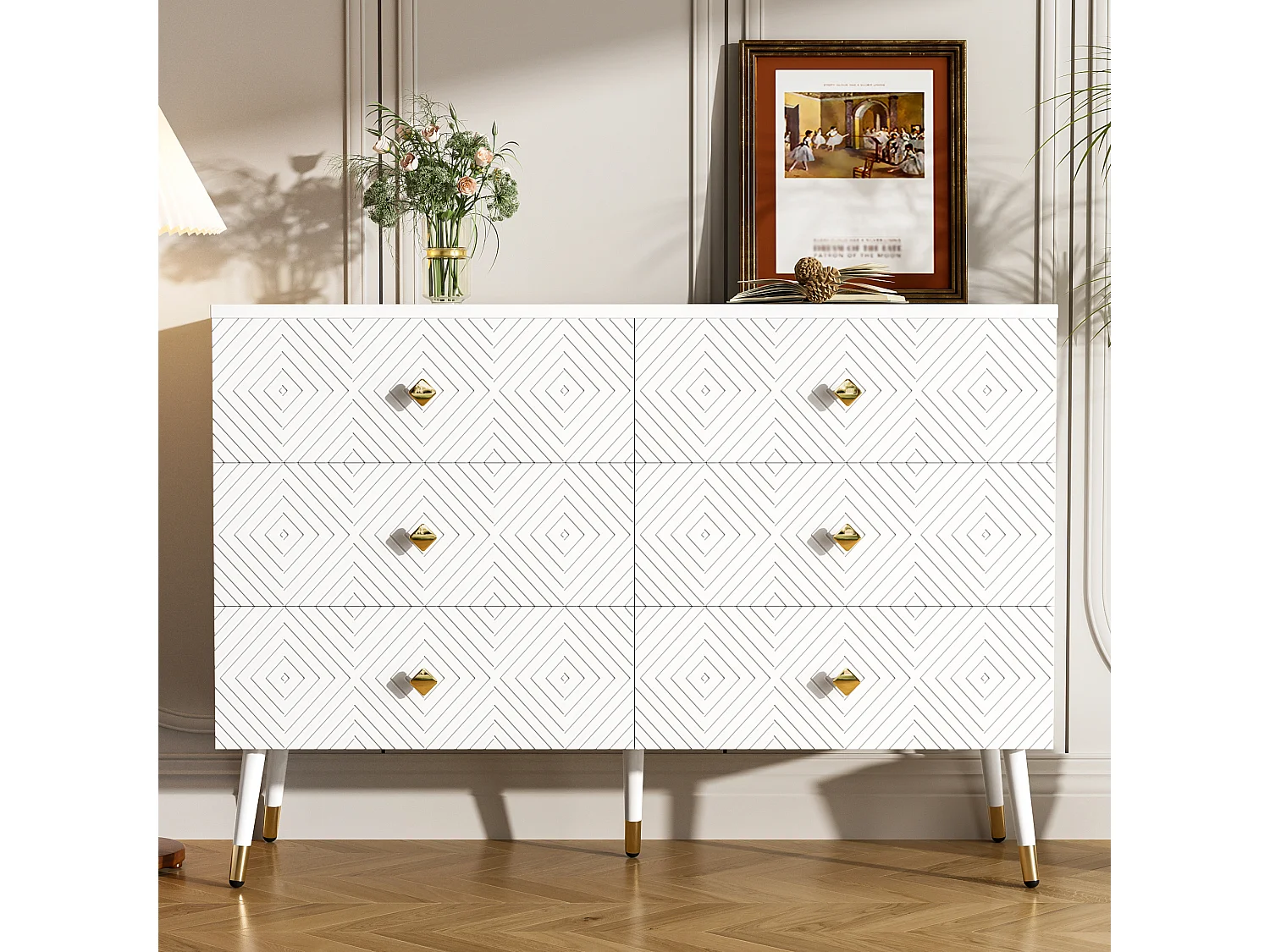 Moderne ladekast met 6 laden – 120 x 40 x 80 cm – voor slaapkamer en woonkamer – spaanplaat + MDF – wit