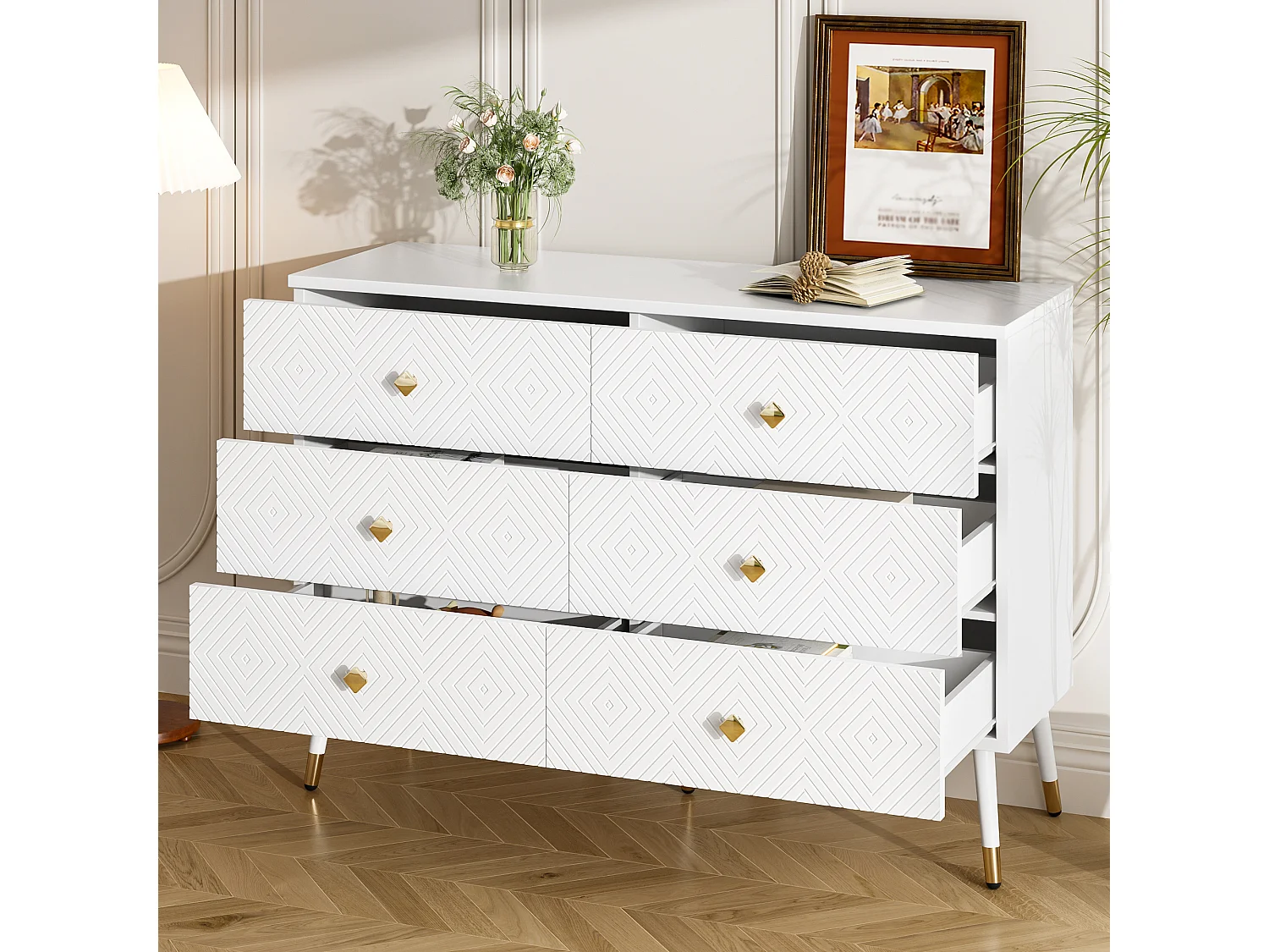 Moderne ladekast met 6 laden – 120 x 40 x 80 cm – voor slaapkamer en woonkamer – spaanplaat + MDF – wit