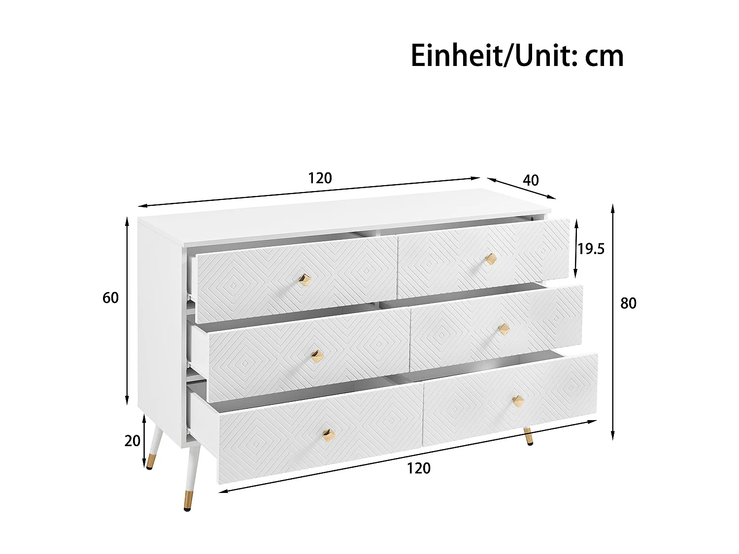 Moderne ladekast met 6 laden – 120 x 40 x 80 cm – voor slaapkamer en woonkamer – spaanplaat + MDF – wit
