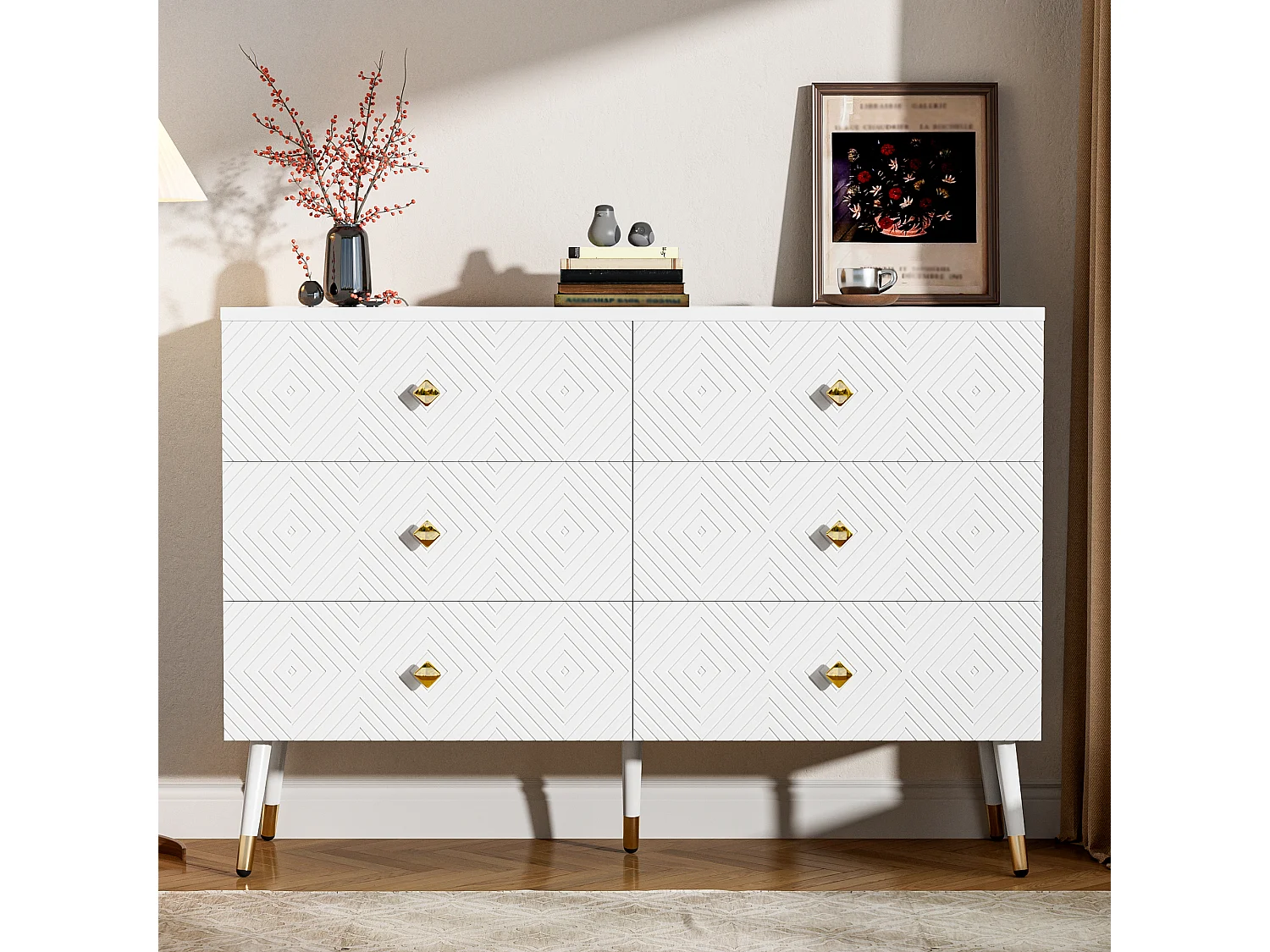 Moderne ladekast met 6 laden – 120 x 40 x 80 cm – voor slaapkamer en woonkamer – spaanplaat + MDF – wit