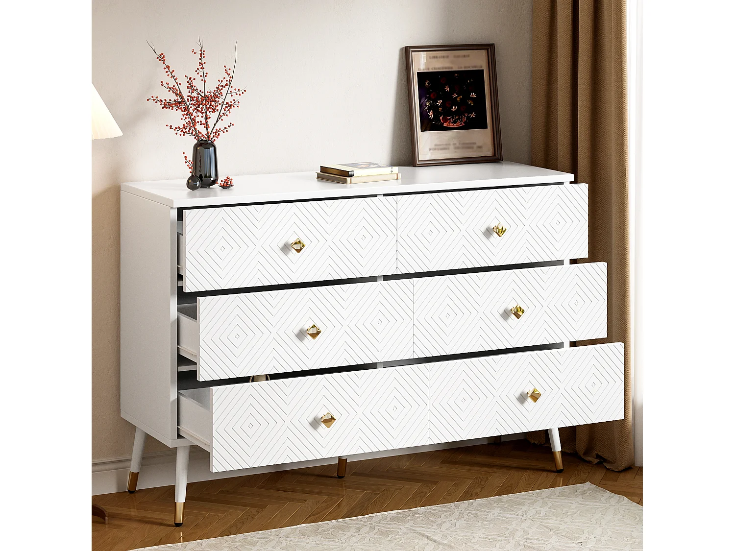 Moderne ladekast met 6 laden – 120 x 40 x 80 cm – voor slaapkamer en woonkamer – spaanplaat + MDF – wit