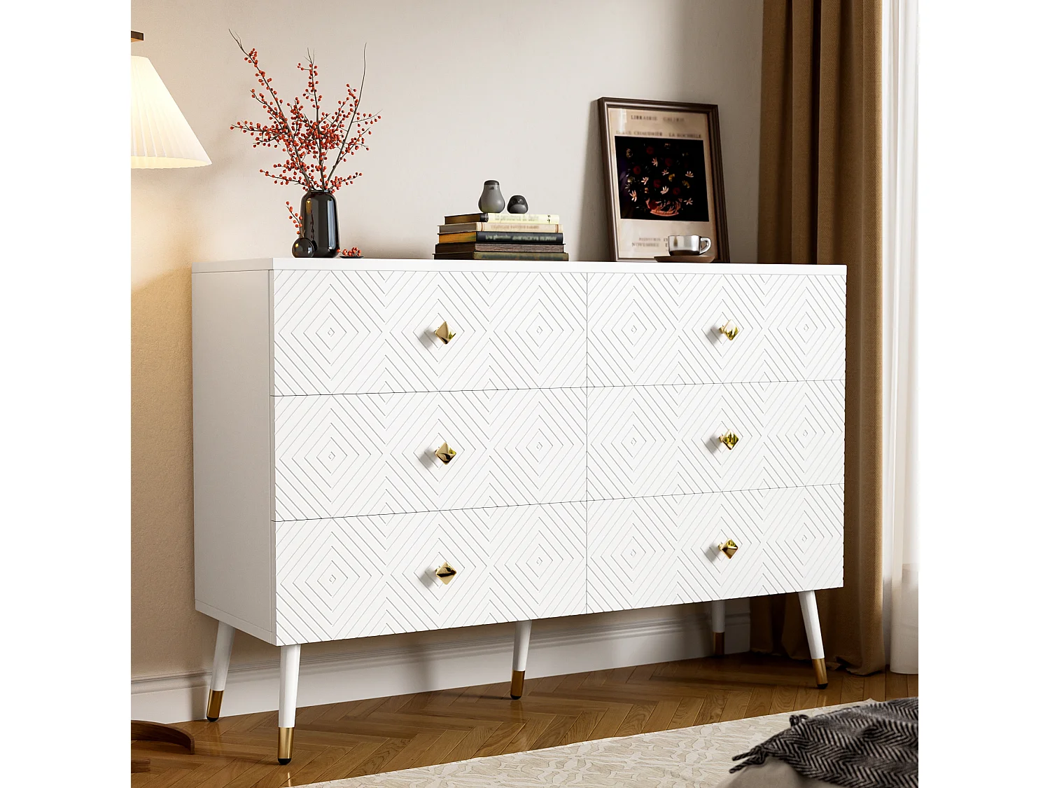 Moderne ladekast met 6 laden – 120 x 40 x 80 cm – voor slaapkamer en woonkamer – spaanplaat + MDF – wit