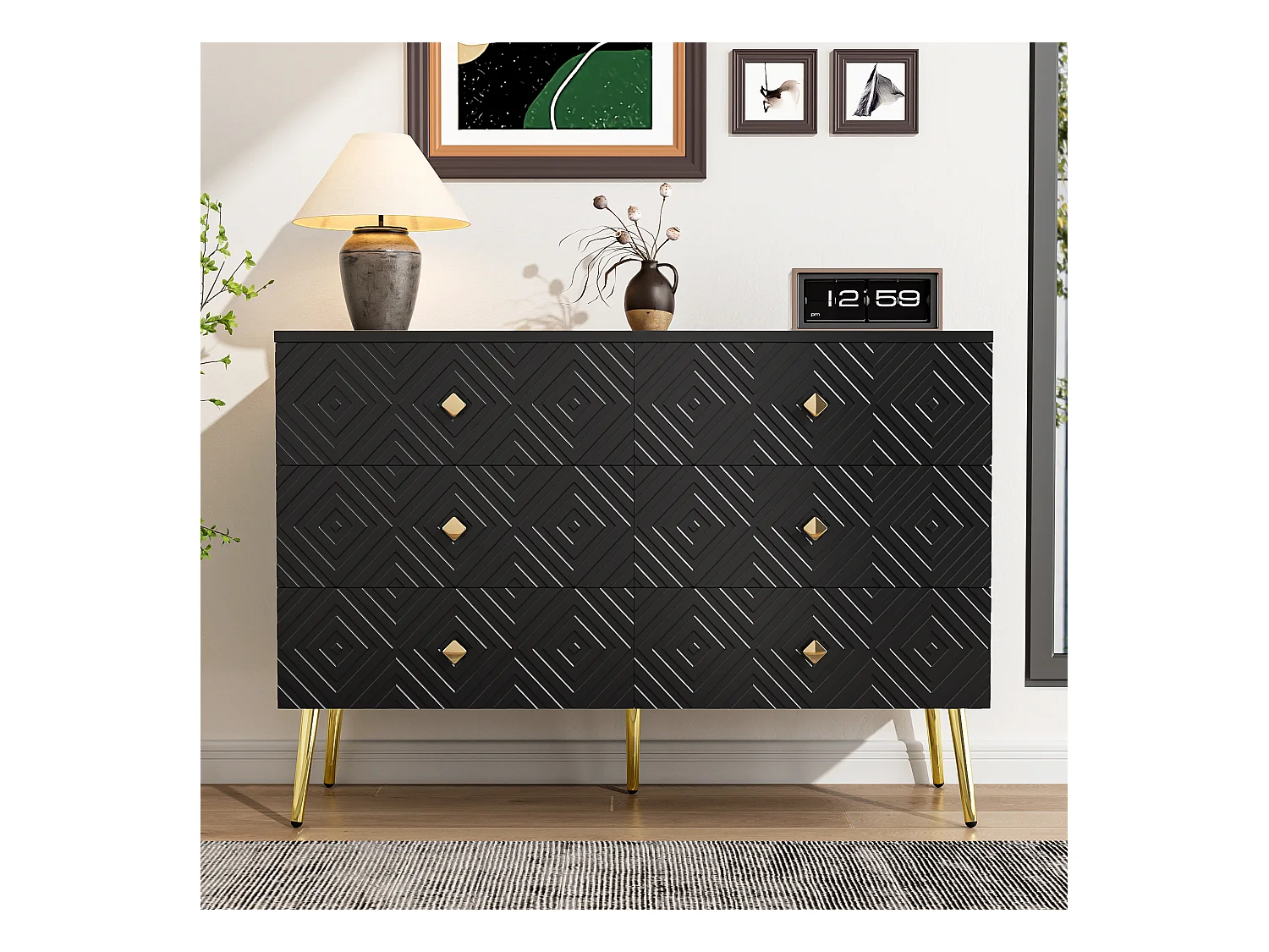 Commode moderne à 6 tiroirs – 120 x 40 x 80 cm – Pieds en métal – pour la chambre et le salon - aggloméré + MDF - noir