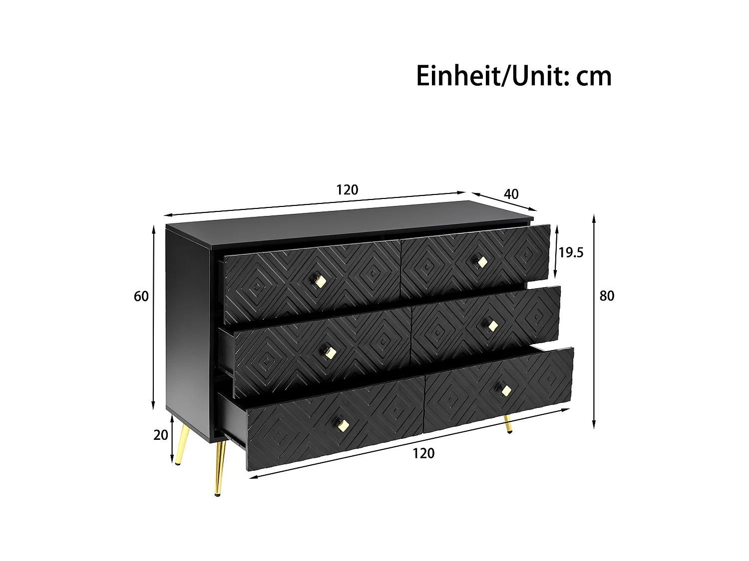 Commode moderne à 6 tiroirs – 120 x 40 x 80 cm – Pieds en métal – pour la chambre et le salon - aggloméré + MDF - noir