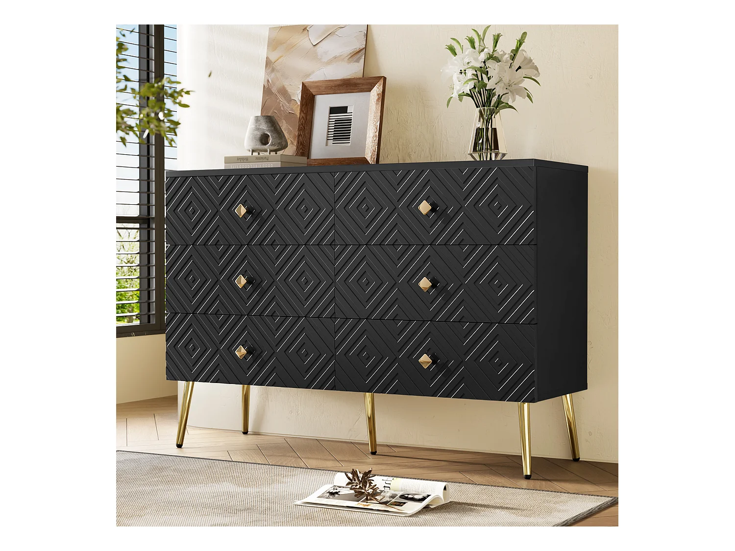 Commode moderne à 6 tiroirs – 120 x 40 x 80 cm – Pieds en métal – pour la chambre et le salon - aggloméré + MDF - noir