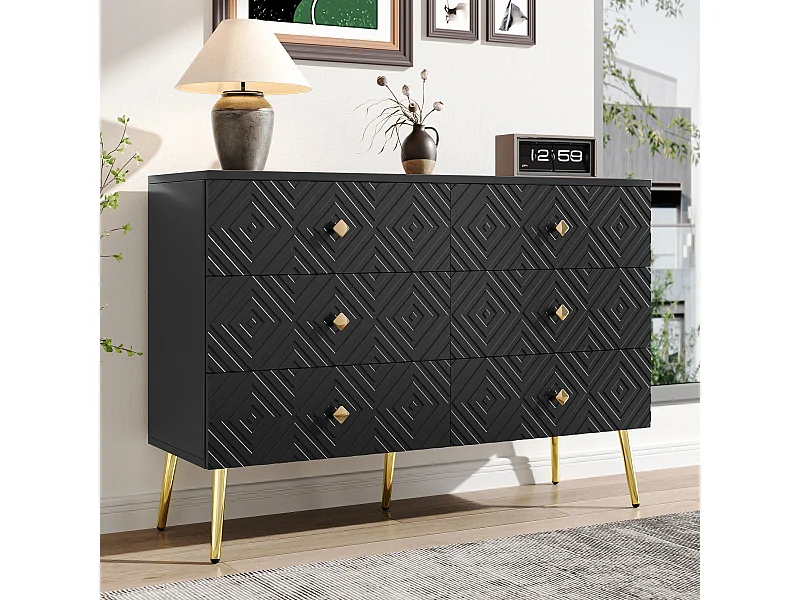 Cassettiera moderna a 6 cassetti – 120 x 40 x 80 cm – Gambe in metallo – per camera da letto e soggiorno – truciolare + MDF – nero