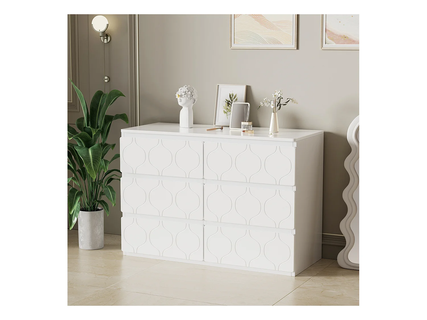 Commode à 6 tiroirs - 110 x 40 x 72 cm - meuble d'entrée pour salon - salle de bain et chambre - MDF - blanc