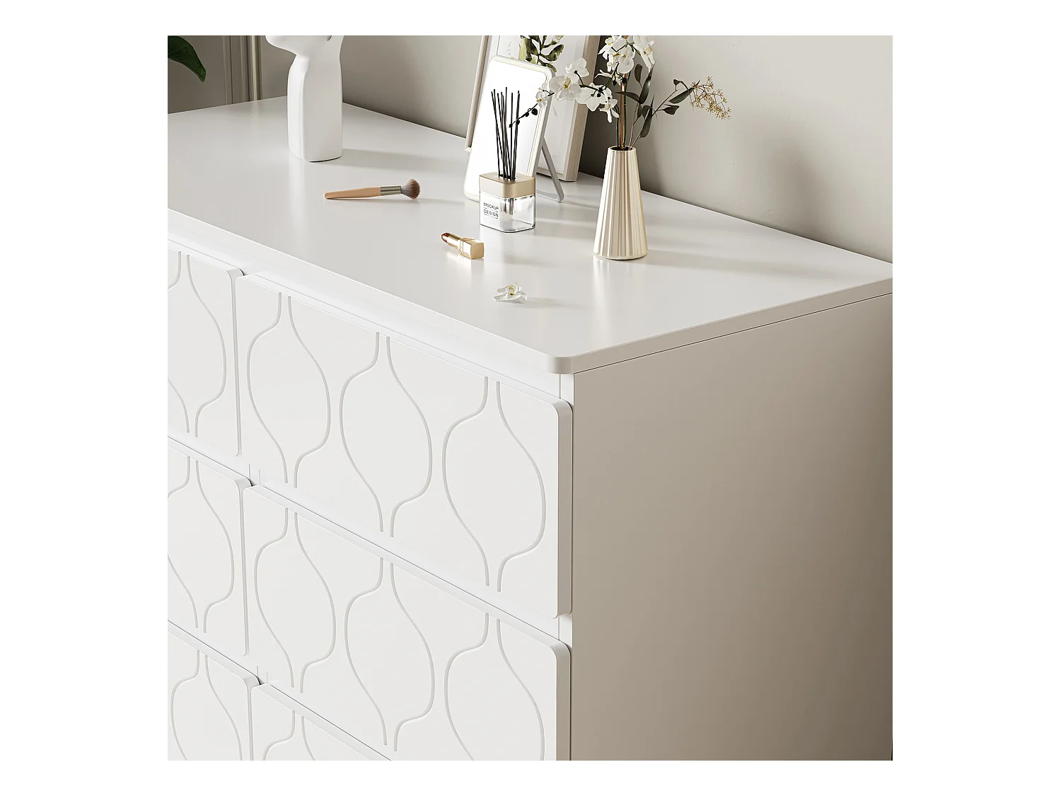 Commode à 6 tiroirs - 110 x 40 x 72 cm - meuble d'entrée pour salon - salle de bain et chambre - MDF - blanc