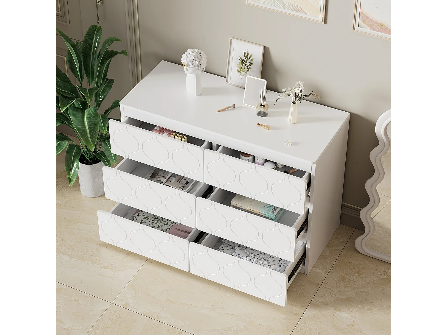 Kommode mit 6 Schubladen – 110 x 40 x 72 cm – Eingangsmöbel für Wohnzimmer – Badezimmer und Schlafzimmer – MDF – weiß