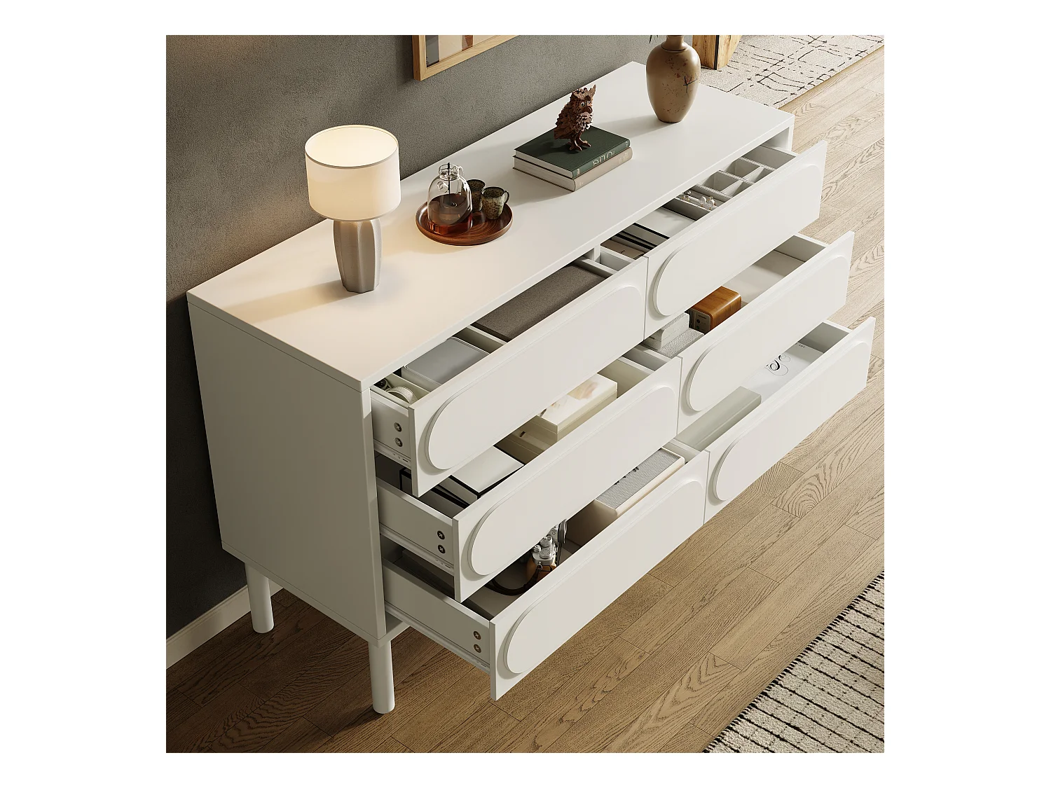 Cómoda baja con 6 cajones - 120 x 40 x 75 cm - mueble de comedor - patas regulables - MDF - blanco