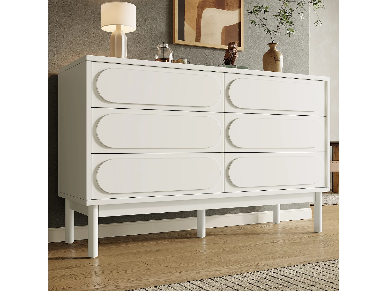 Commode bass à 6 tiroirs - 120 x 40 x 75 cm - meuble de salle à manger - pieds réglables - MDF - blanc