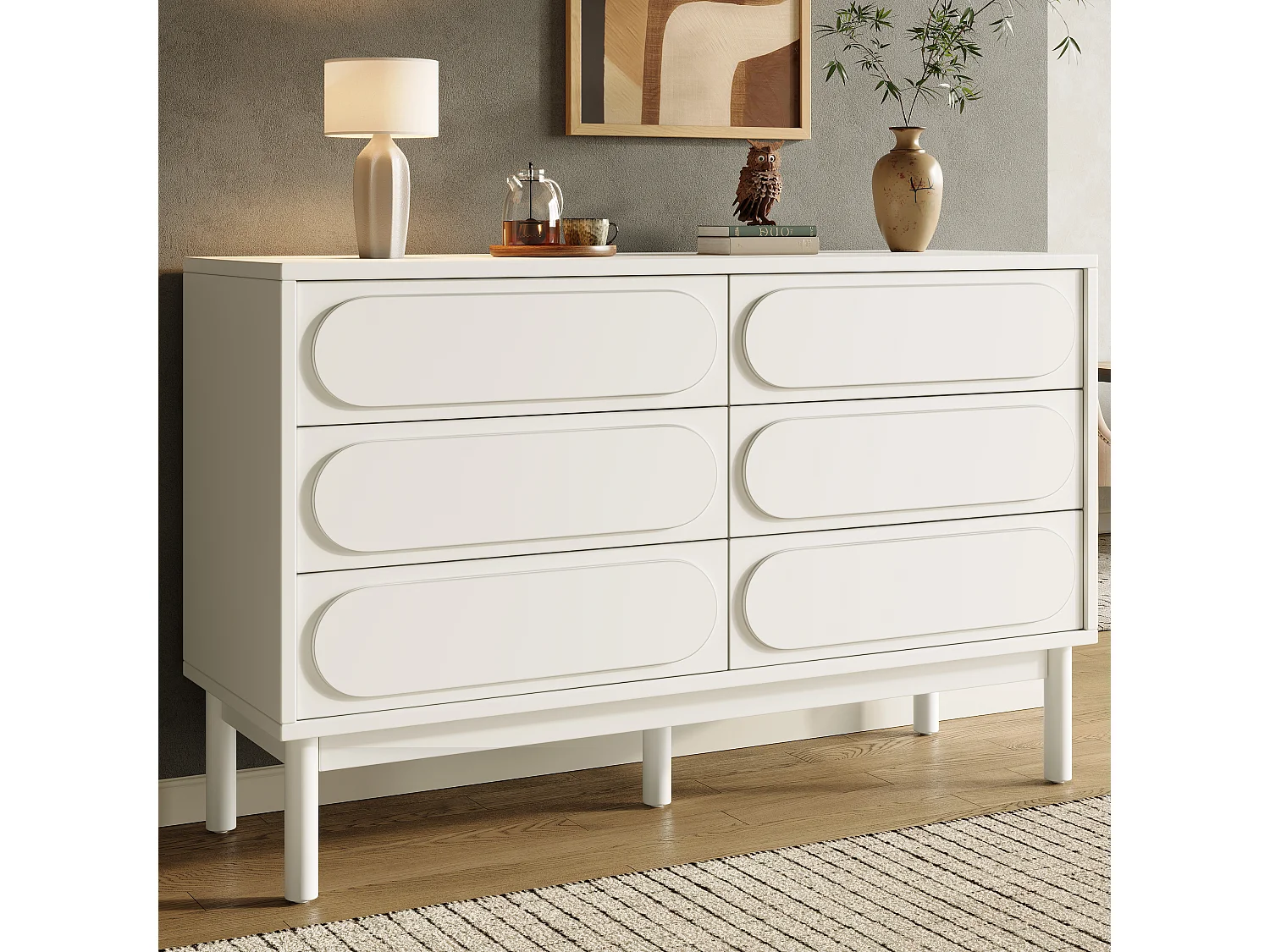 Commode bass à 6 tiroirs - 120 x 40 x 75 cm - meuble de salle à manger - pieds réglables - MDF - blanc