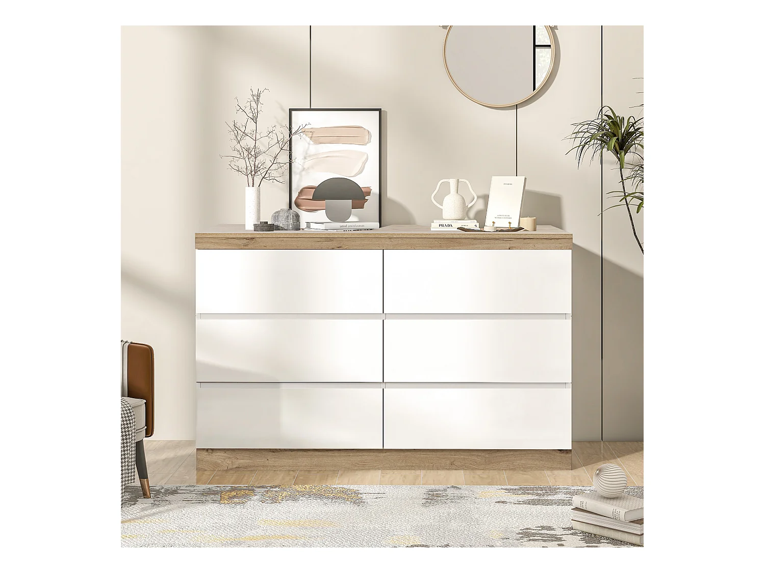Commode à 6 tiroirs - 110 x 40 x 67.5 cm - pour chambre et salon - aggloméré E1 - blanc + chêne