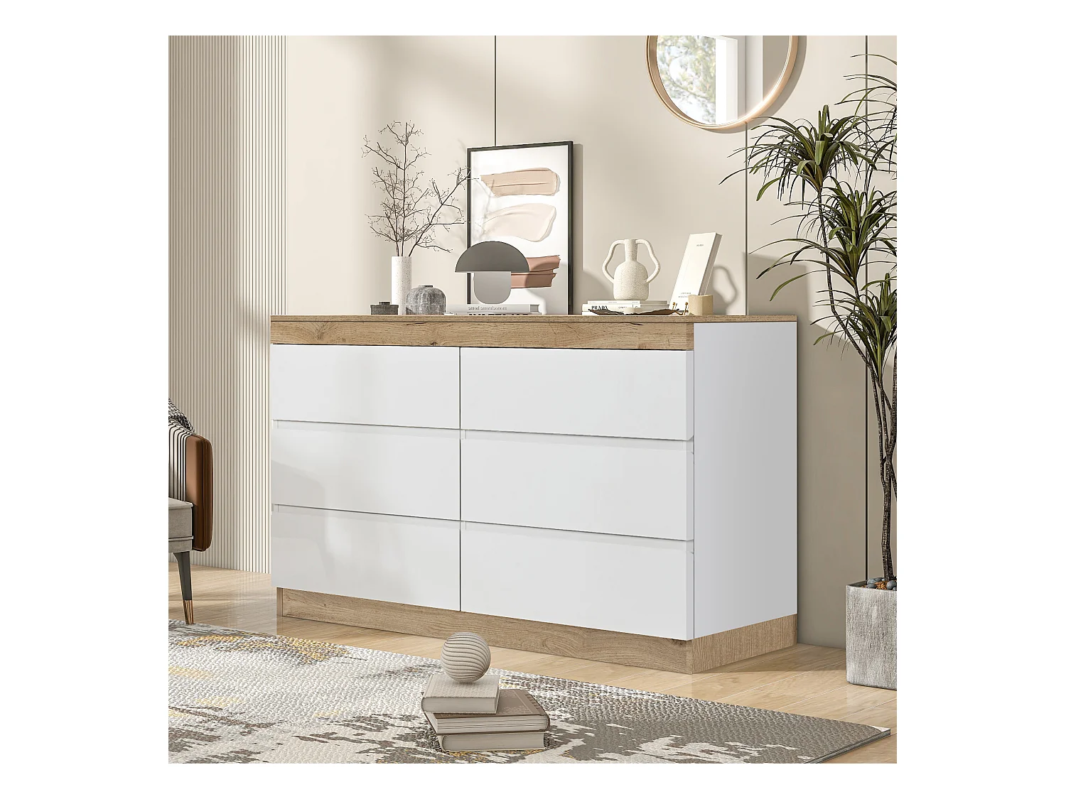 Commode à 6 tiroirs - 110 x 40 x 67.5 cm - pour chambre et salon - aggloméré E1 - blanc + chêne