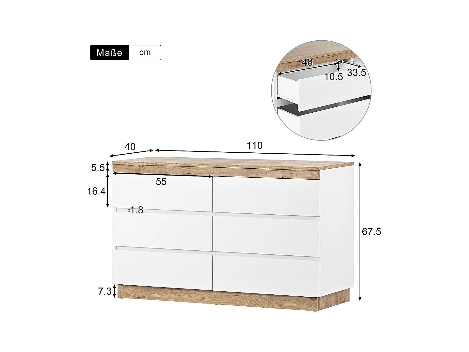 Commode à 6 tiroirs - 110 x 40 x 67.5 cm - pour chambre et salon - aggloméré E1 - blanc + chêne