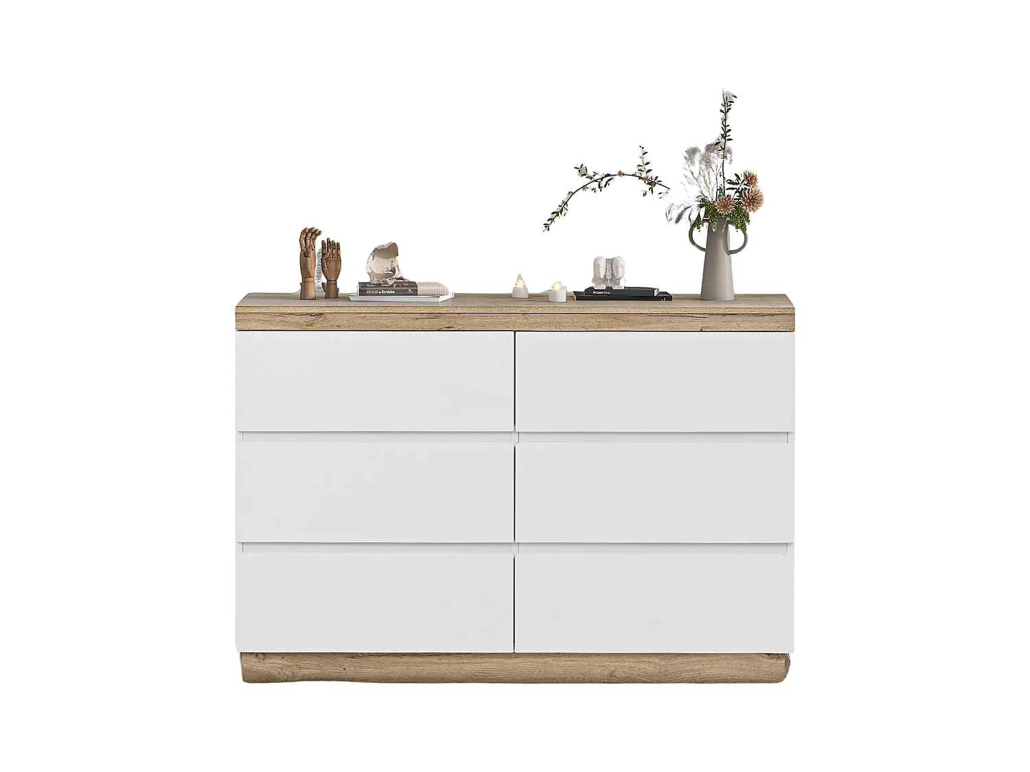 Commode à 6 tiroirs - 110 x 40 x 67.5 cm - pour chambre et salon - aggloméré E1 - blanc + chêne