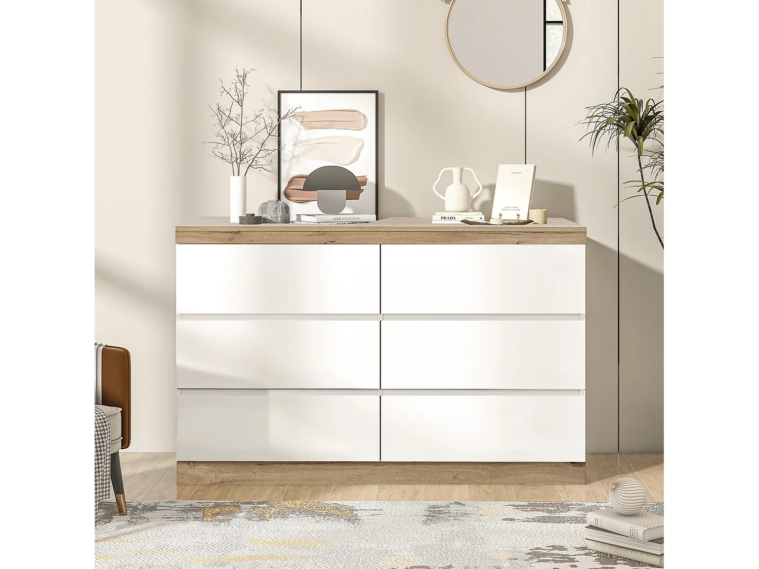Commode à 6 tiroirs - 110 x 40 x 67.5 cm - pour chambre et salon - aggloméré E1 - blanc + chêne