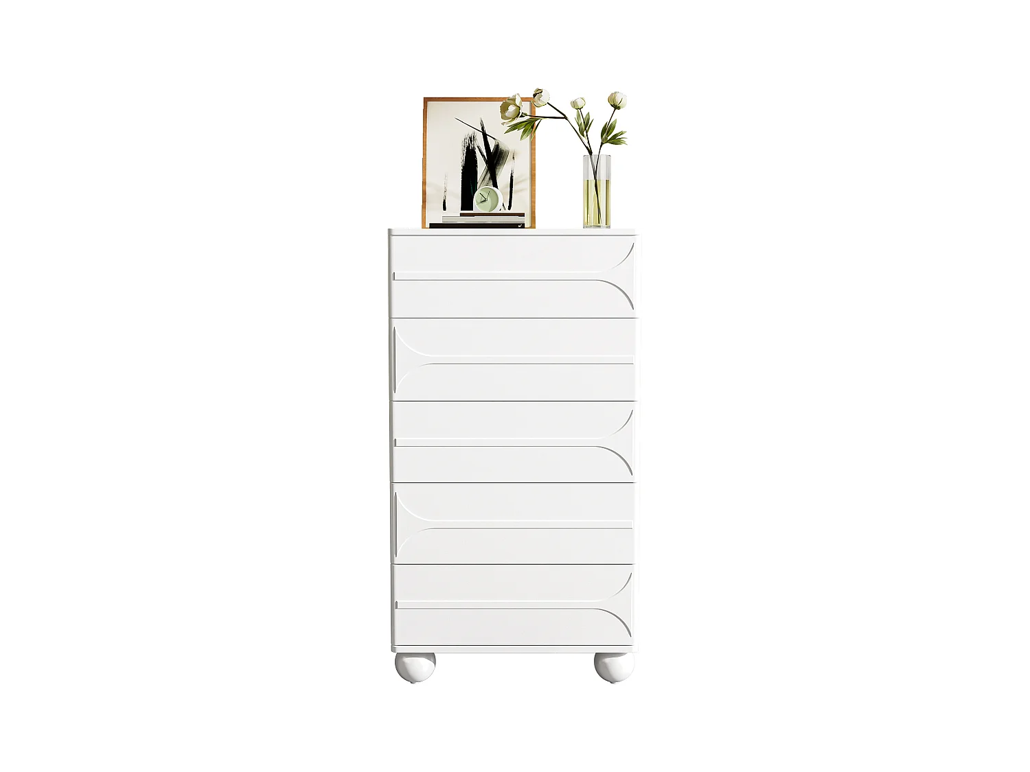 Commode à 5 tiroirs - 60 x 40 x 109 cm - design élégant en relief – pieds en métal - aggloméré + MDF - blanc