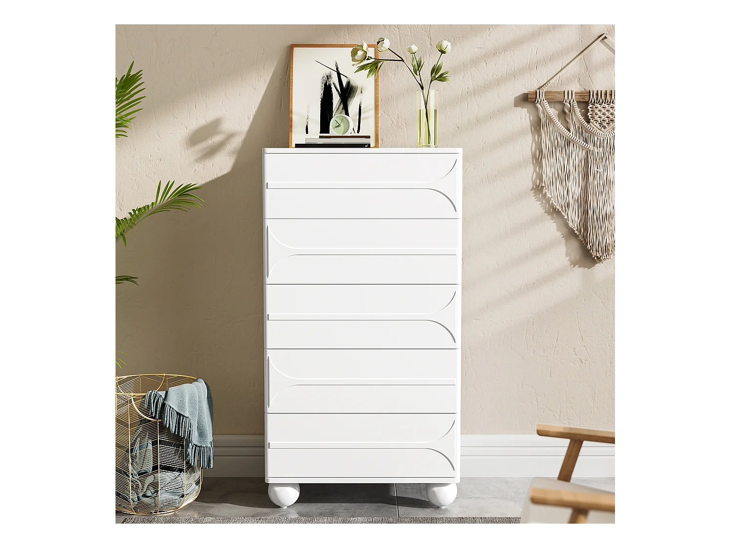 Commode à 5 tiroirs - 60 x 40 x 109 cm - design élégant en relief – pieds en métal - aggloméré + MDF - blanc