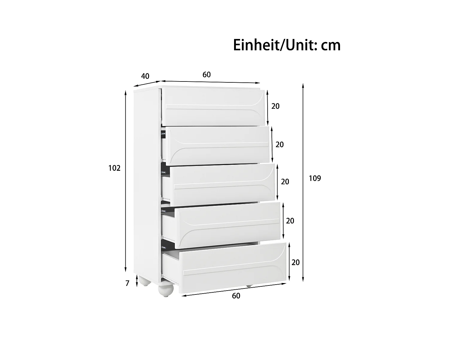 Commode à 5 tiroirs - 60 x 40 x 109 cm - design élégant en relief – pieds en métal - aggloméré + MDF - blanc